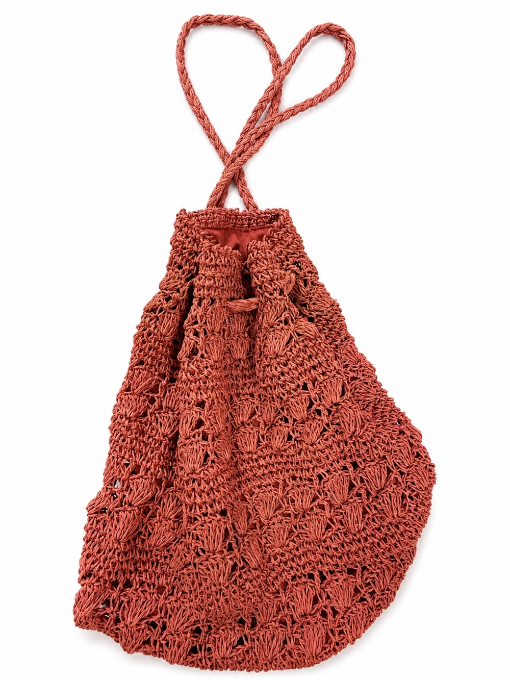 Handwoven Crochet Drawstring Shoulder Bag - Rust